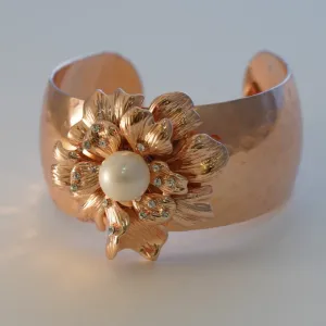 Floral Motif Studded Pearl & Zirconia Rose Gold Plated Adjustable Kada Bracelet