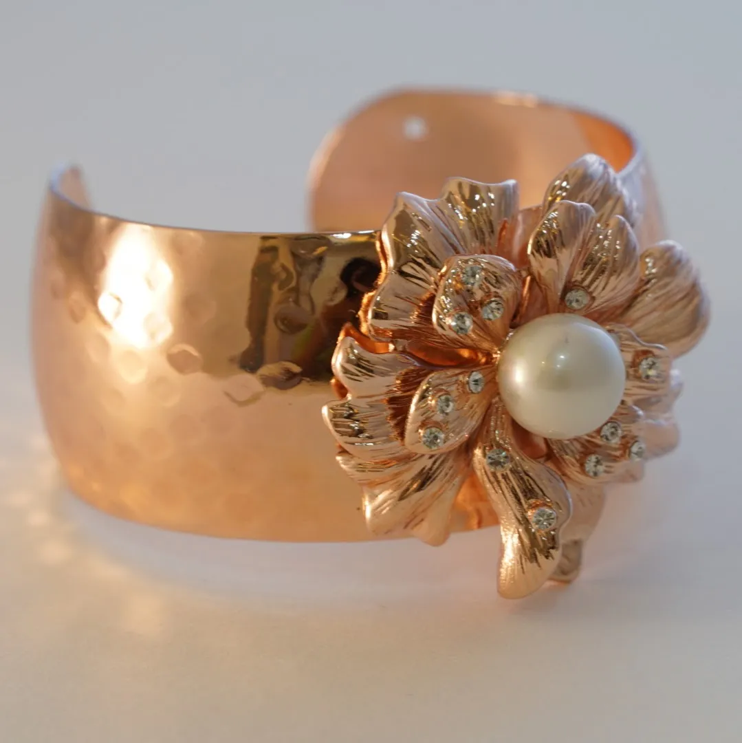 Floral Motif Studded Pearl & Zirconia Rose Gold Plated Adjustable Kada Bracelet