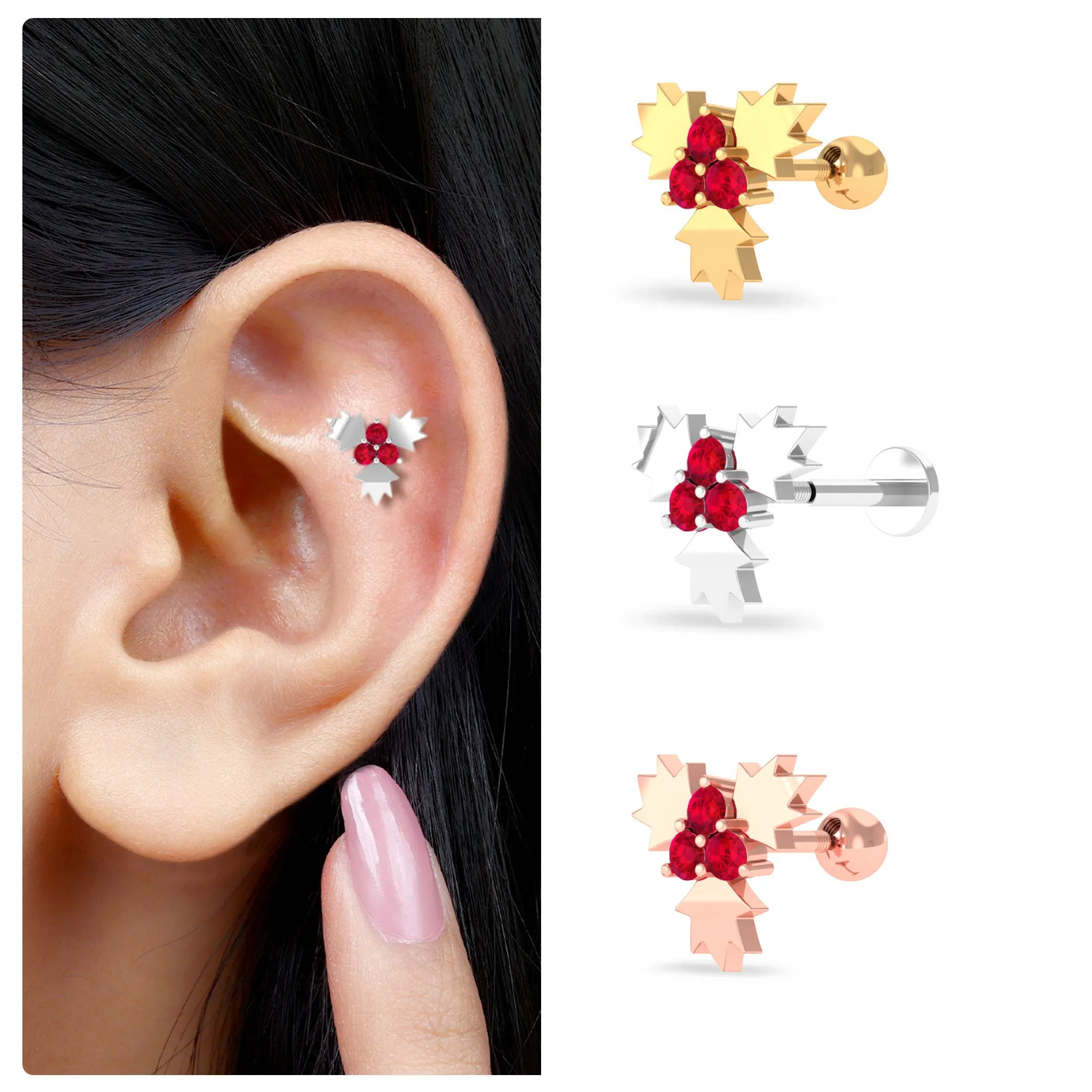 Flower Ruby Christmas Holly Earring for Cartilage Piercing