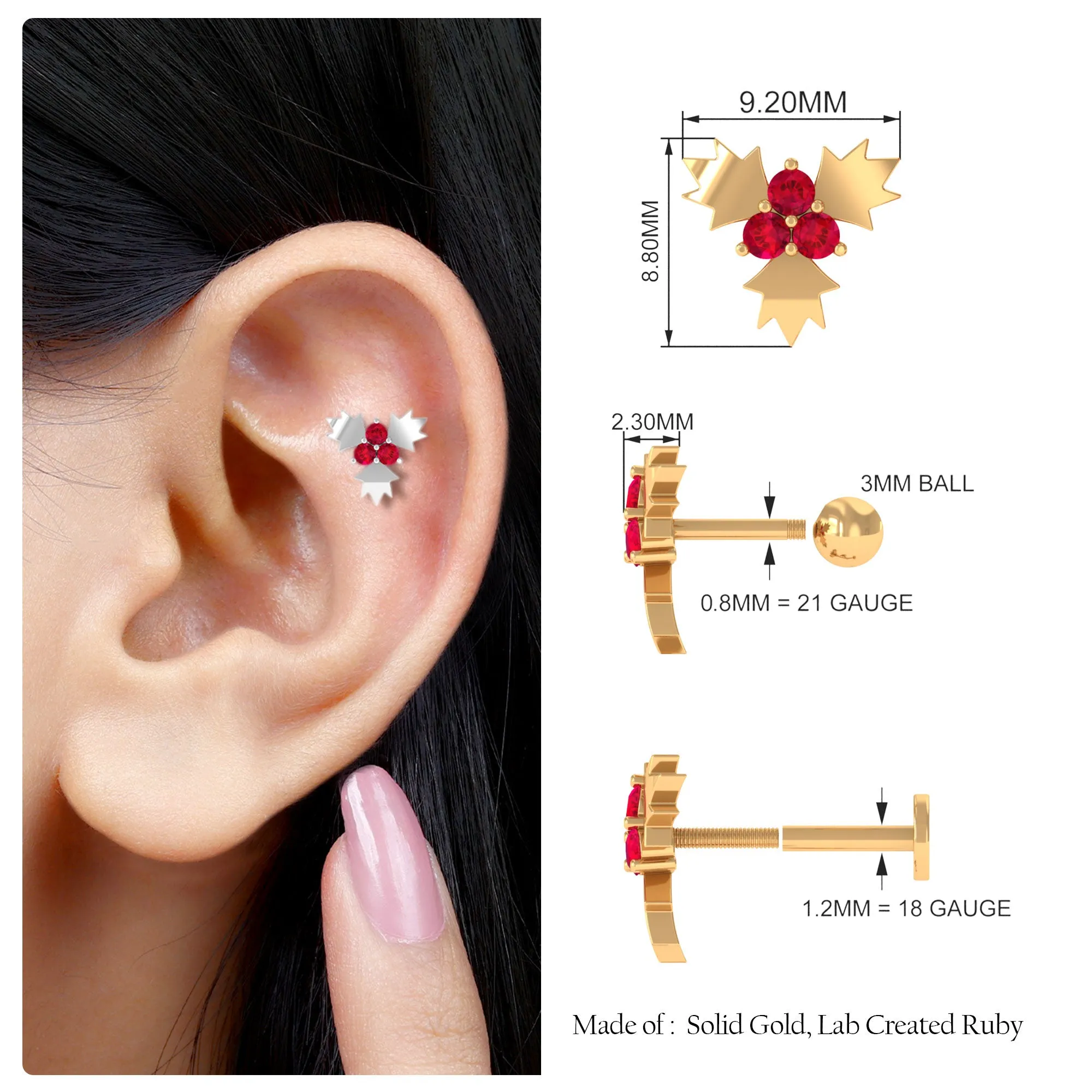 Flower Ruby Christmas Holly Earring for Cartilage Piercing