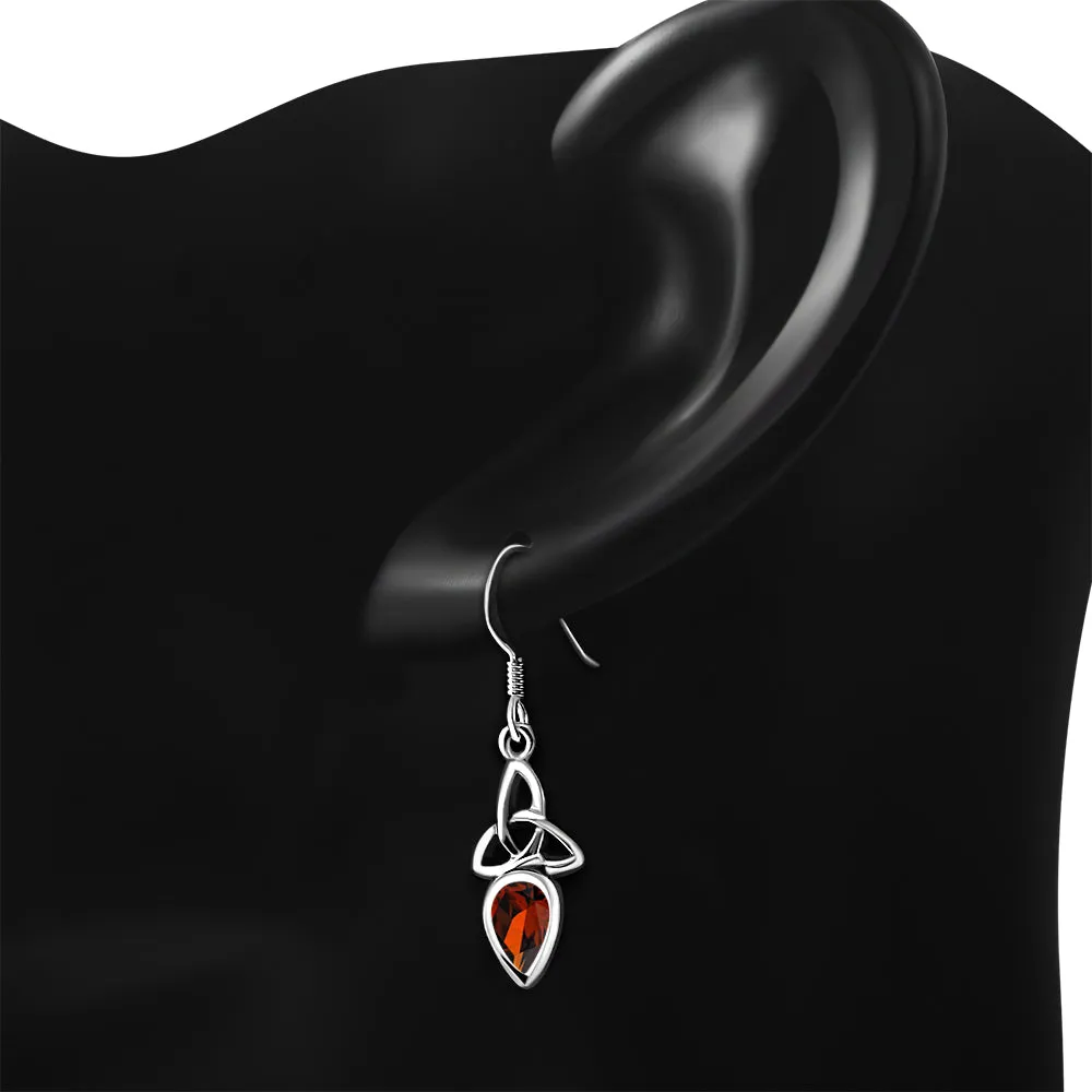 Garnet CZ Celtic Trinity Silver Earrings