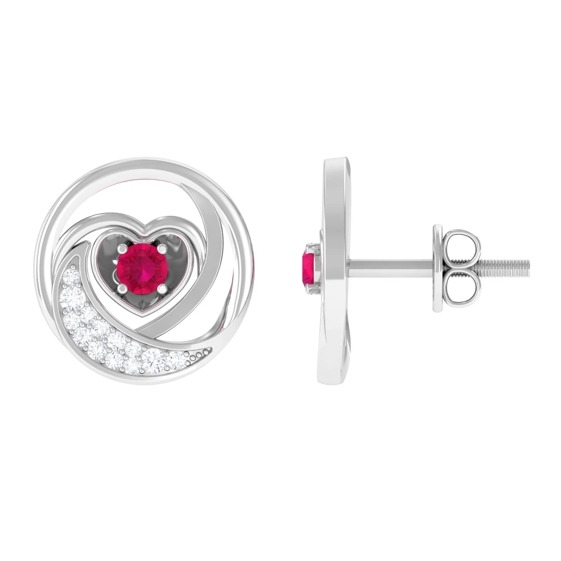 Genuine Ruby and Diamond Minimal Heart Stud Earrings