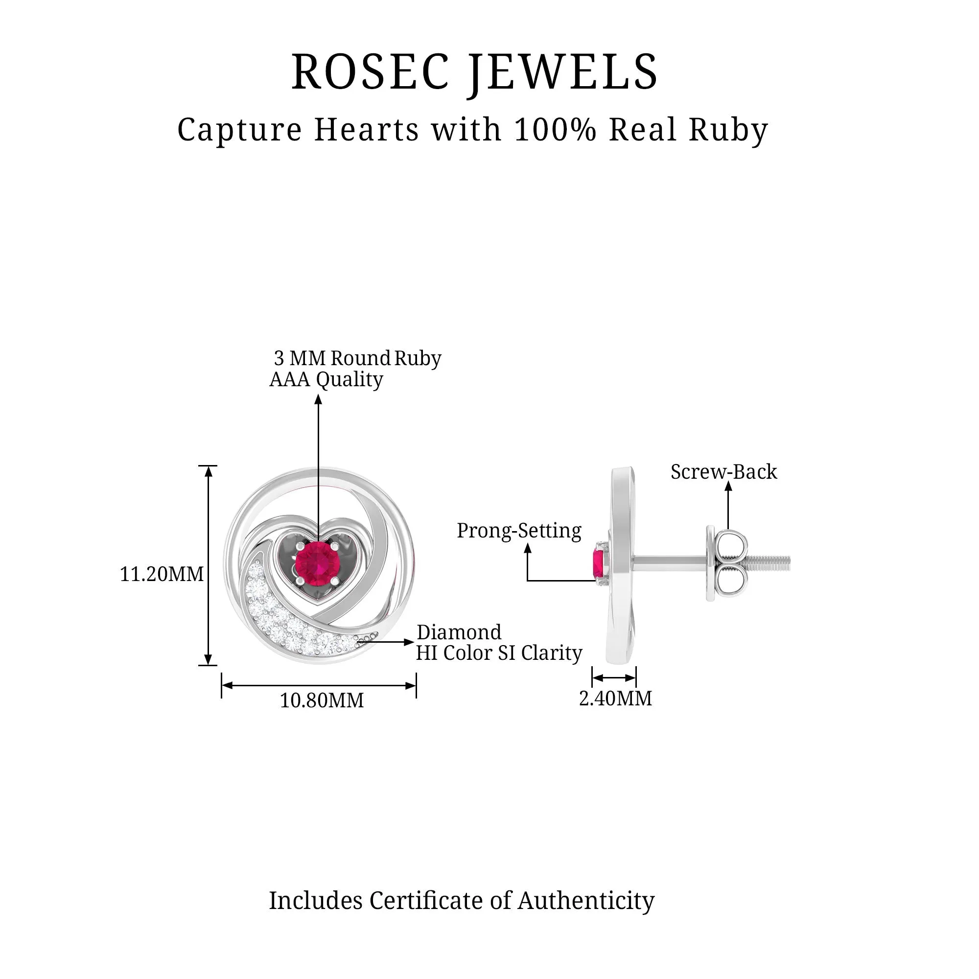 Genuine Ruby and Diamond Minimal Heart Stud Earrings