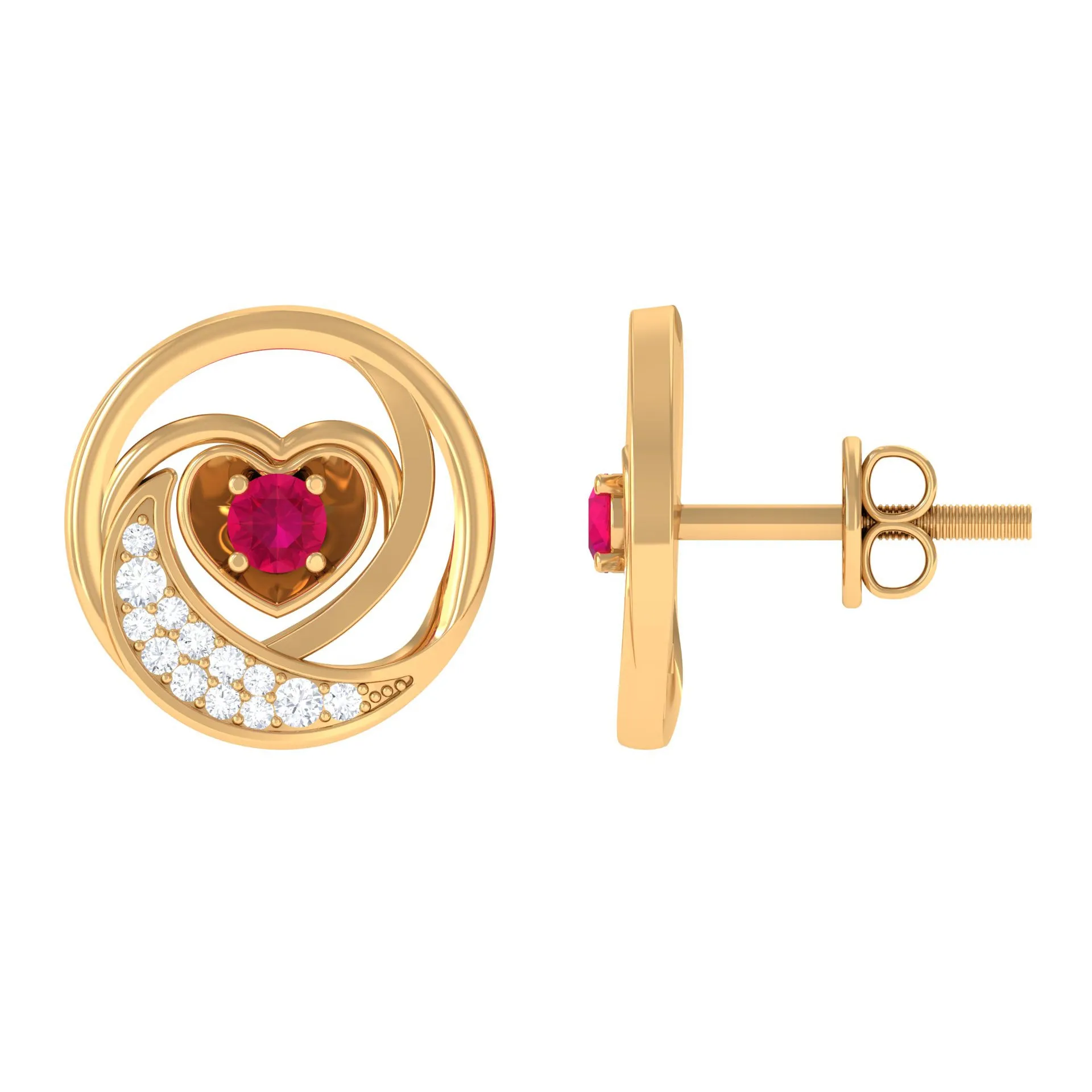 Genuine Ruby and Diamond Minimal Heart Stud Earrings