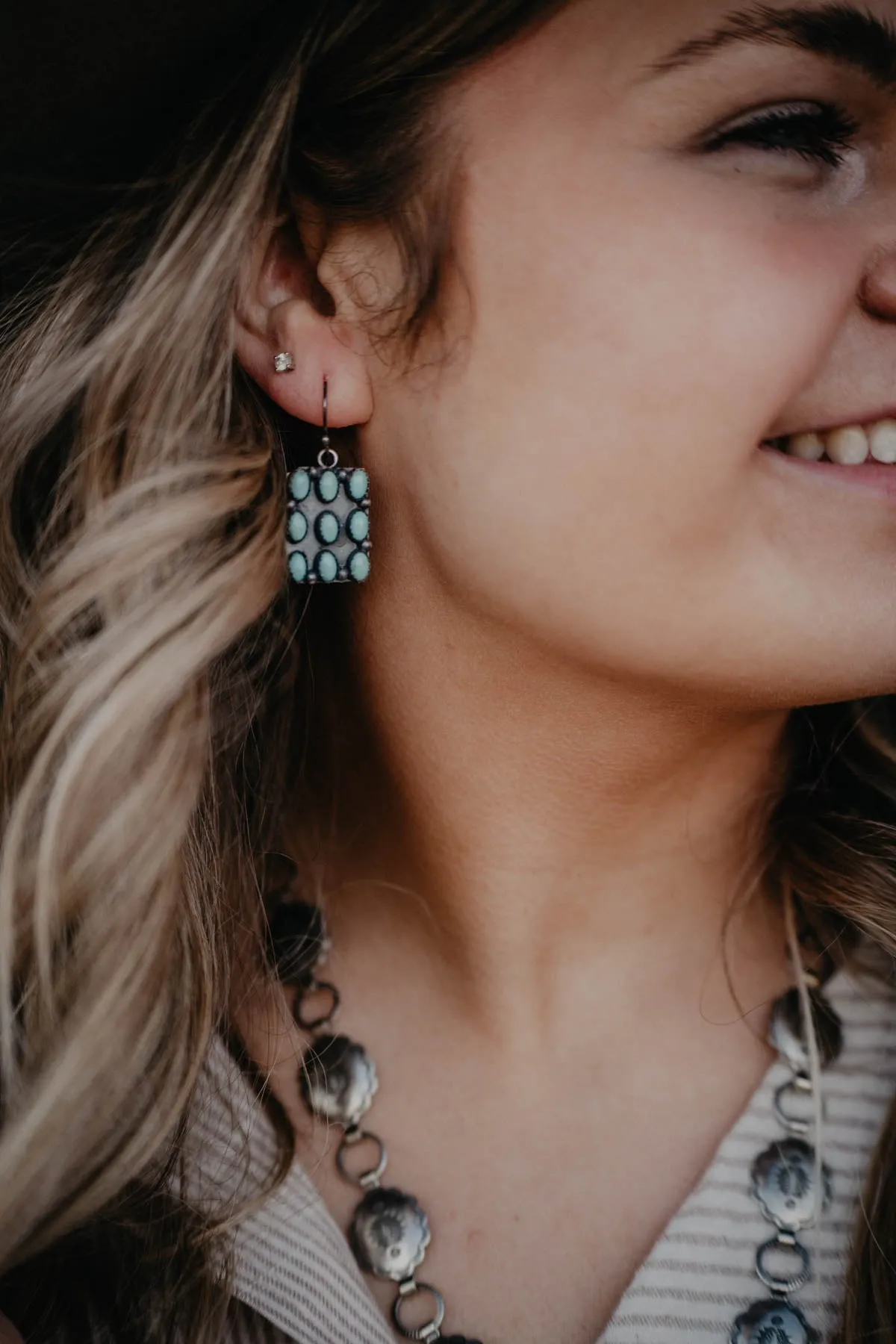 Genuine Turquoise Multi Stone Rectangular Drop Earrings