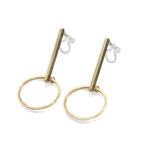 Gold Bar and Circle Invisible Clip On Stud Earrings