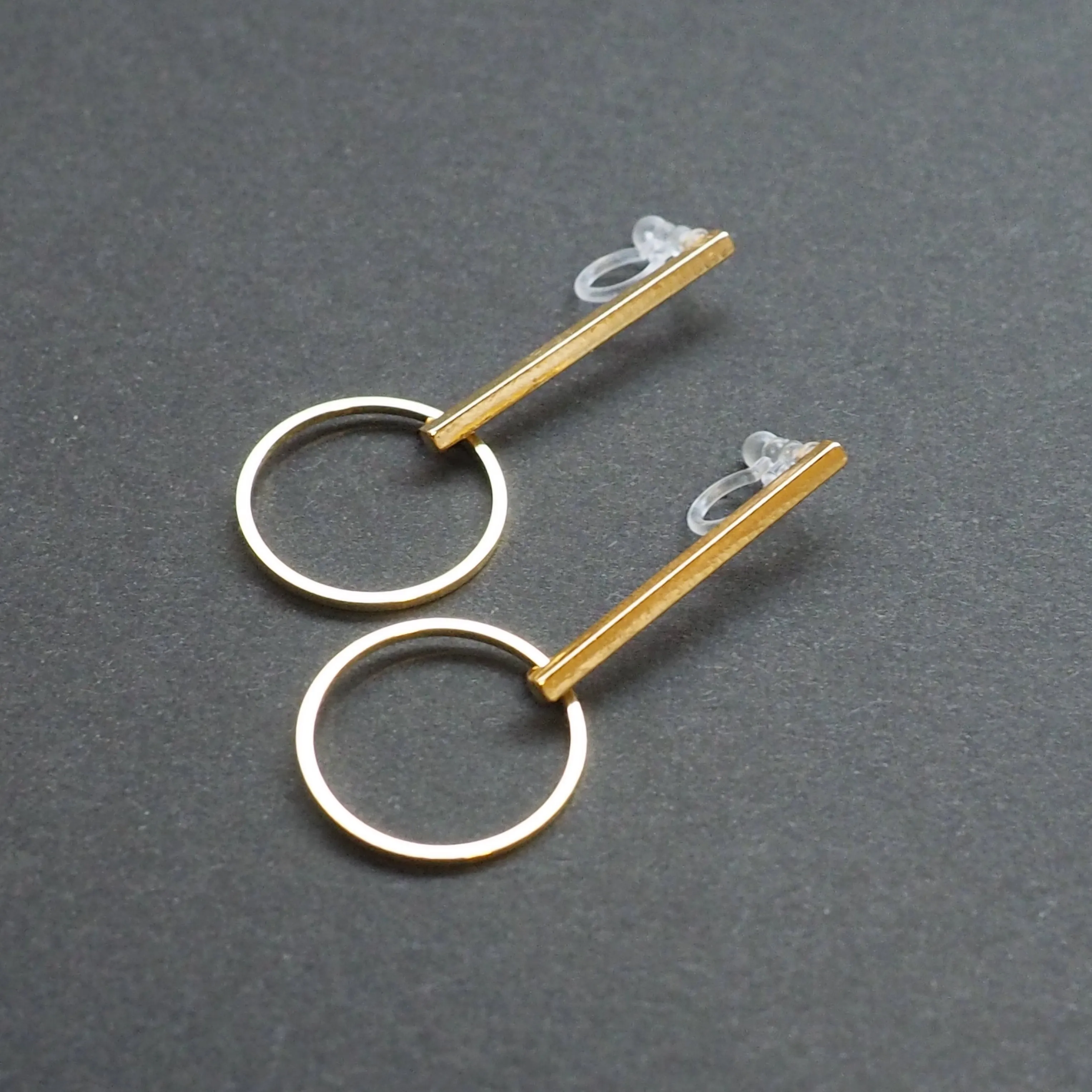 Gold Bar and Circle Invisible Clip On Stud Earrings