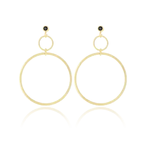 Gold coloured stud earrings with two hoops and a black rhinestone