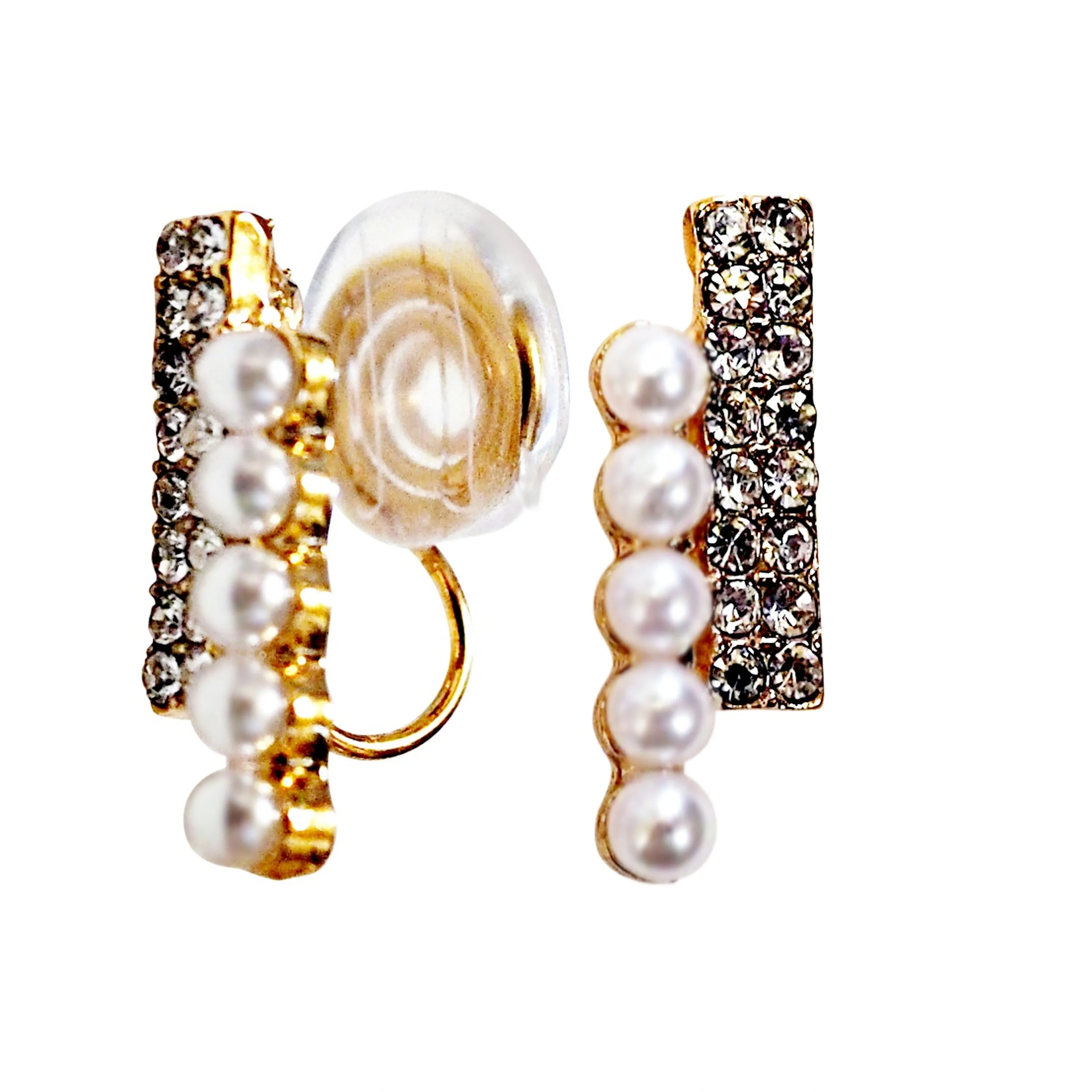 Gold Crystal Rhinestone and White Pearl Bar  Spiral Clip On Earrings