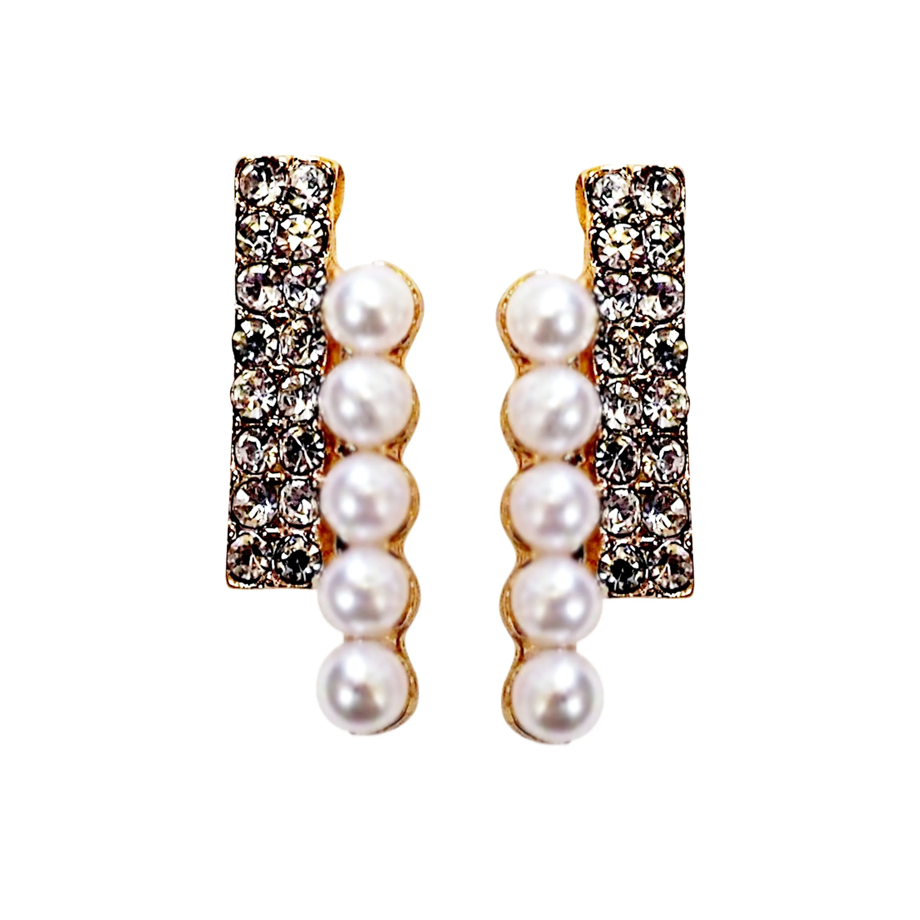 Gold Crystal Rhinestone and White Pearl Bar  Spiral Clip On Earrings