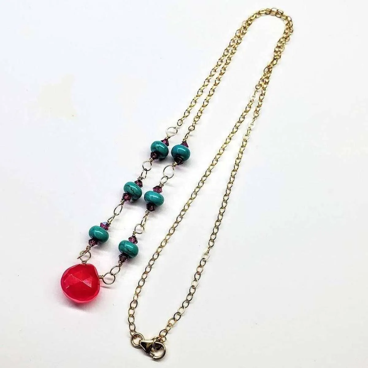 Gold Filled Pink Chalcedony Turquoise Gemstone Drop Necklace