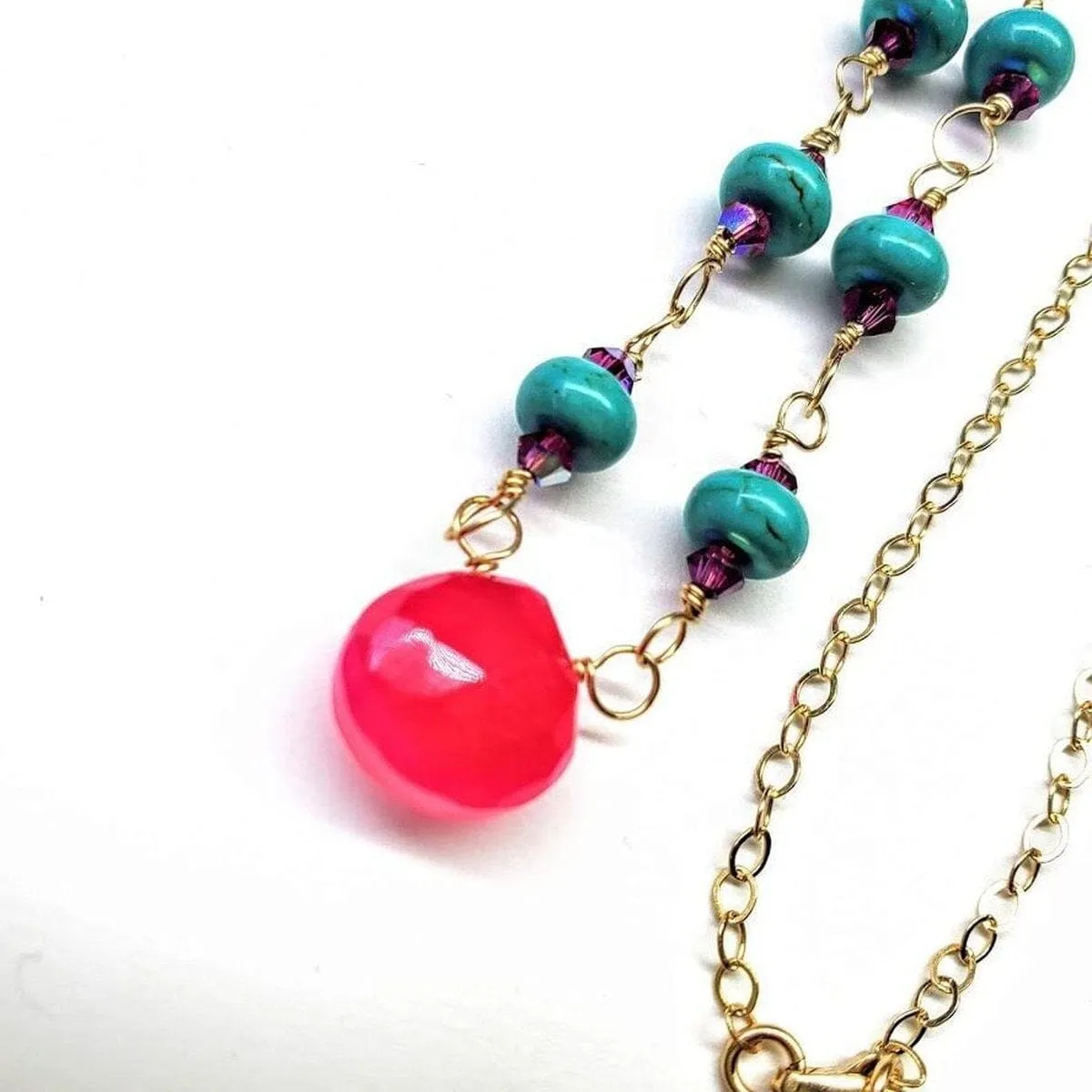 Gold Filled Pink Chalcedony Turquoise Gemstone Drop Necklace