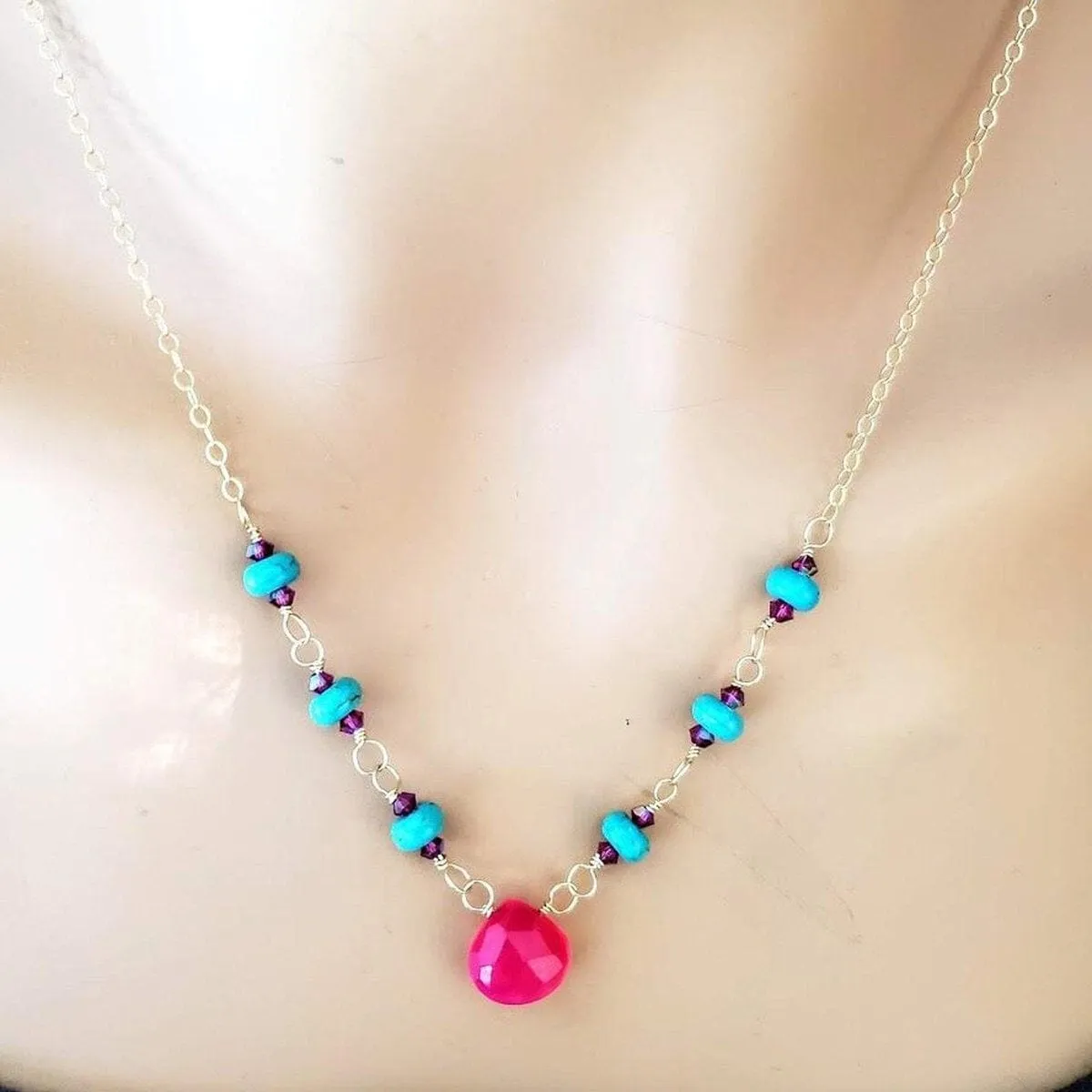 Gold Filled Pink Chalcedony Turquoise Gemstone Drop Necklace