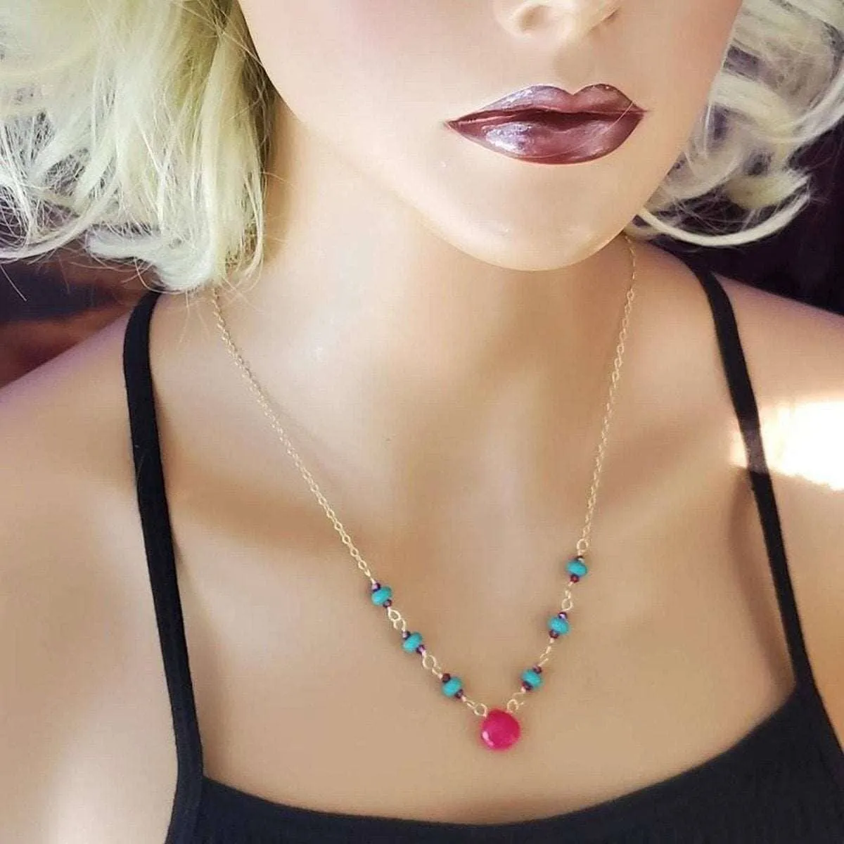 Gold Filled Pink Chalcedony Turquoise Gemstone Drop Necklace