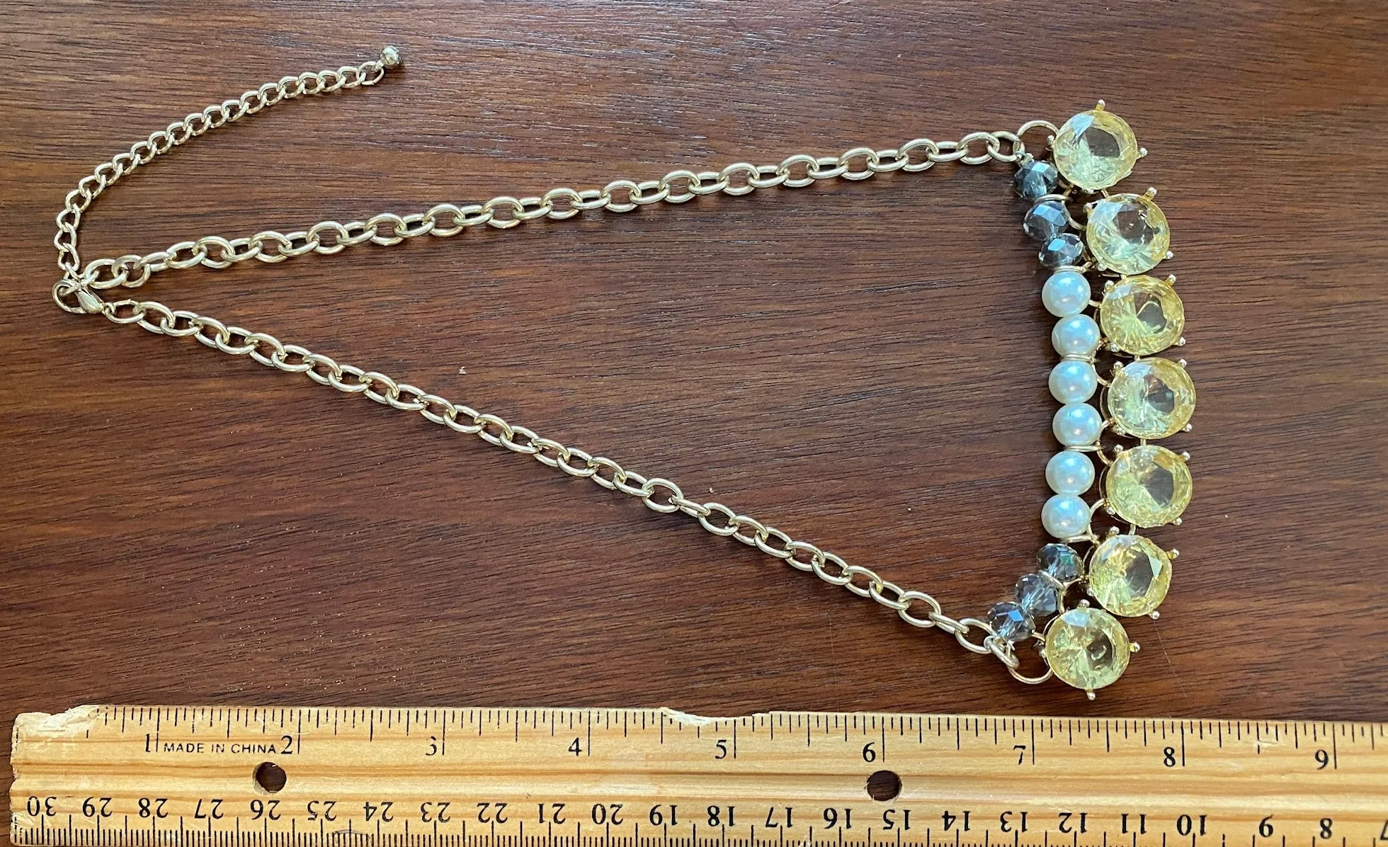 Gold Tone Chain Faux Citrine Pearl Collar Statement Necklace