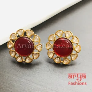 Golden Round Stud Earrings with colored stones