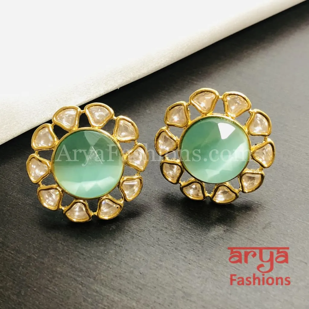 Golden Round Stud Earrings with colored stones