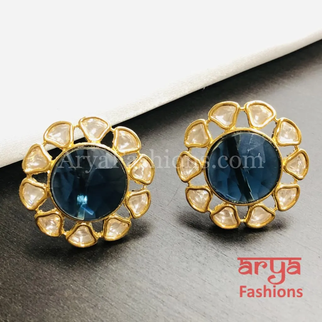 Golden Round Stud Earrings with colored stones