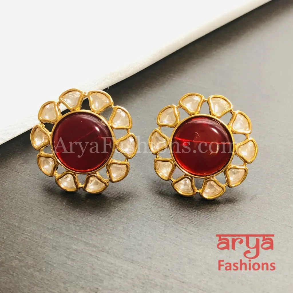 Golden Round Stud Earrings with colored stones