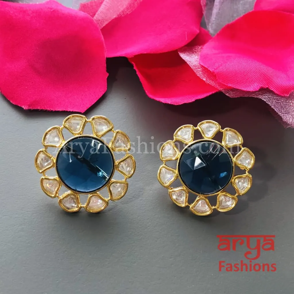 Golden Round Stud Earrings with colored stones