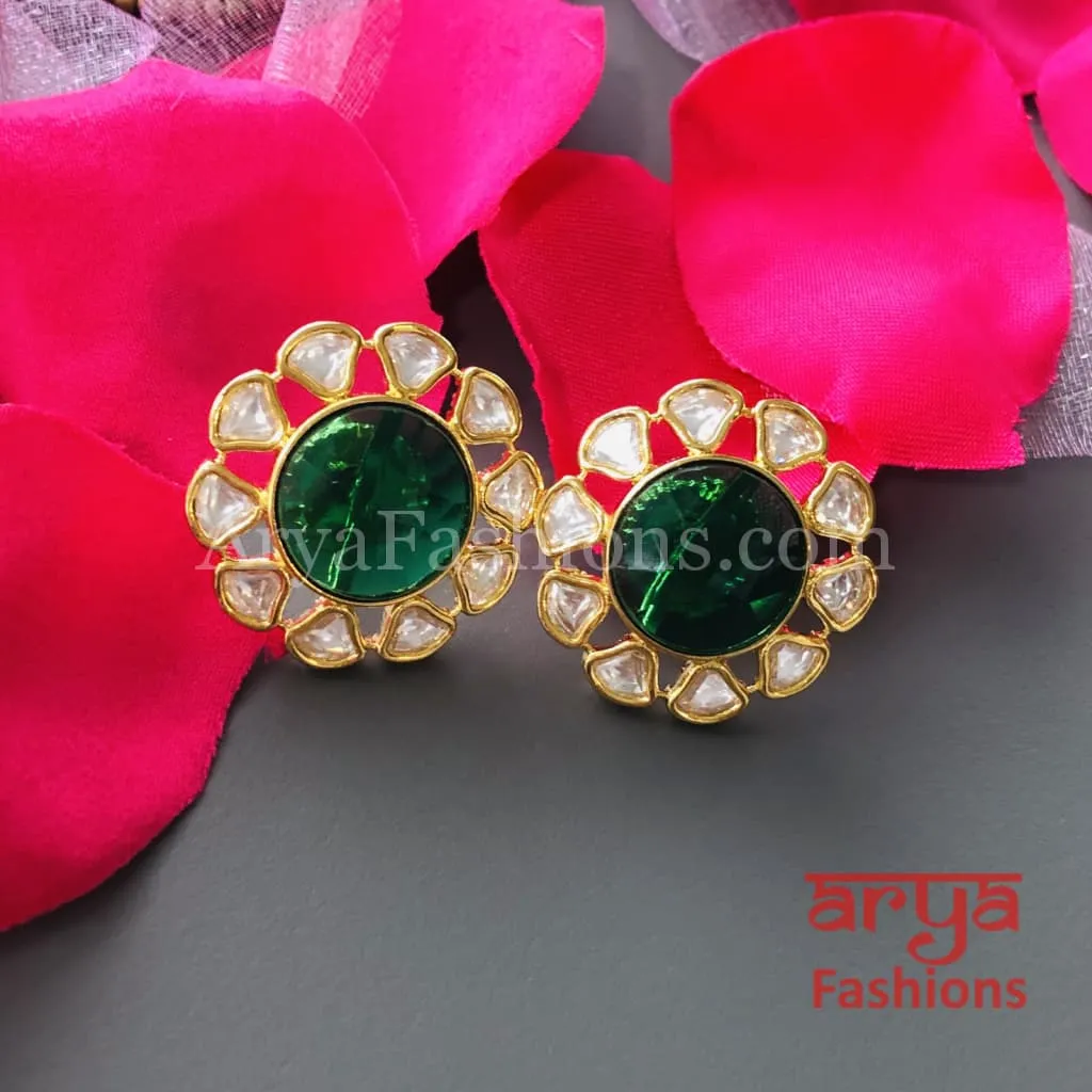 Golden Round Stud Earrings with colored stones