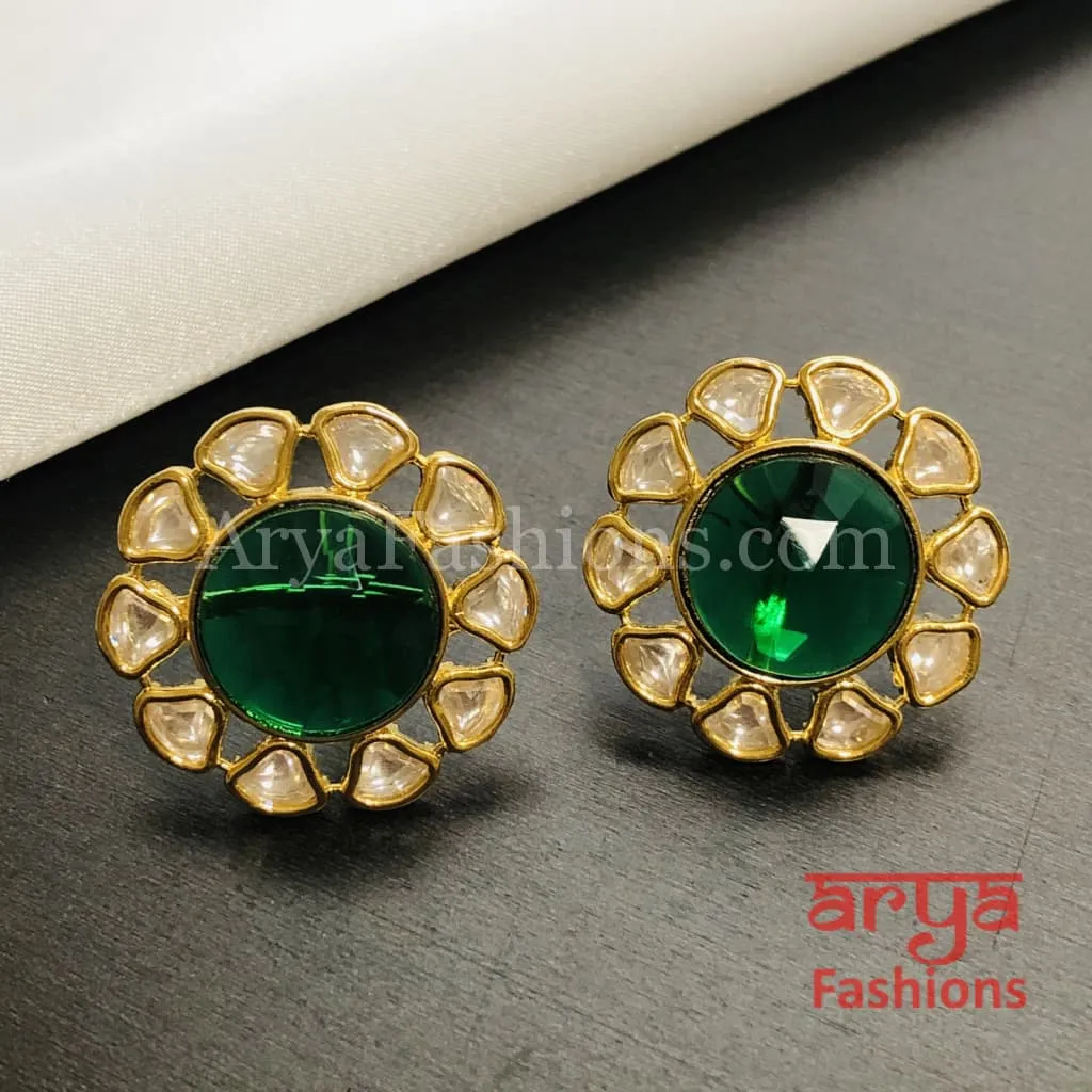 Golden Round Stud Earrings with colored stones