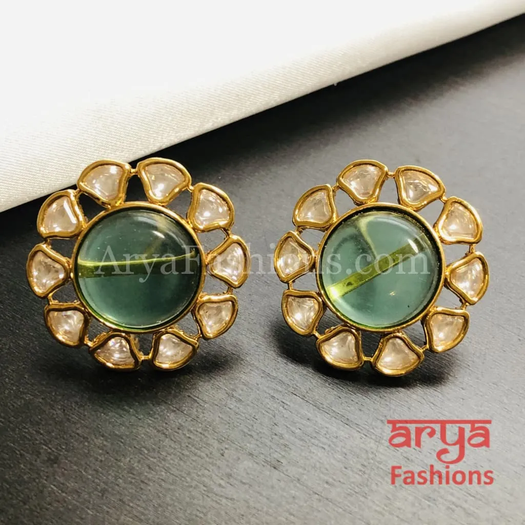 Golden Round Stud Earrings with colored stones