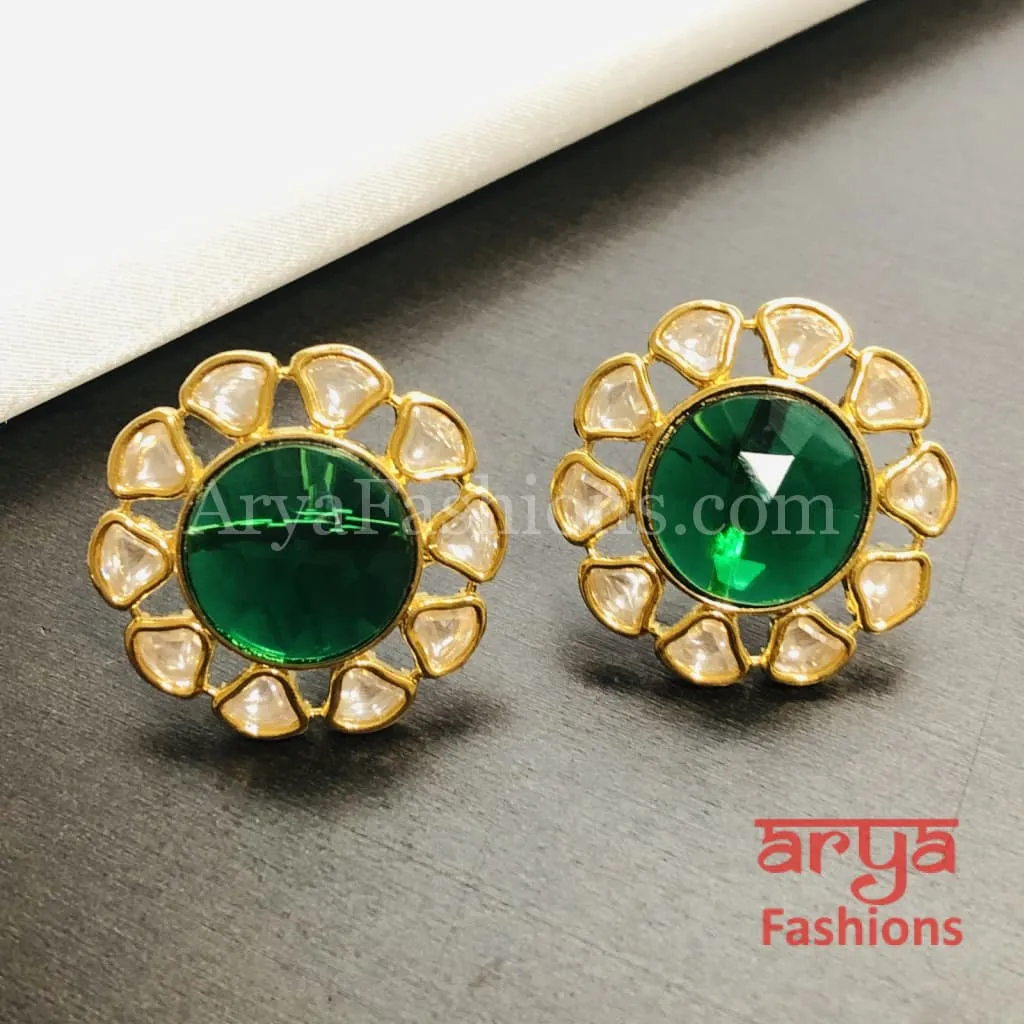 Golden Round Stud Earrings with colored stones