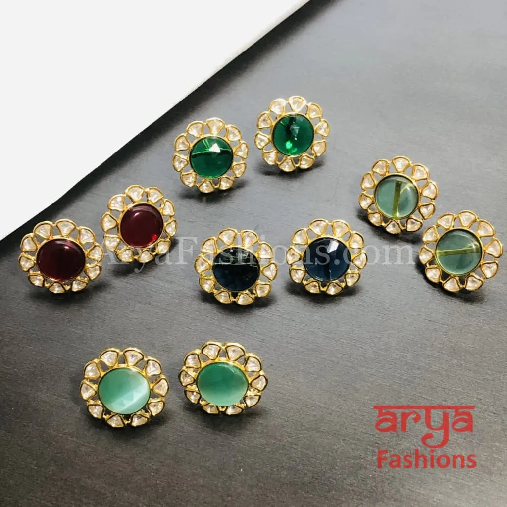 Golden Round Stud Earrings with colored stones