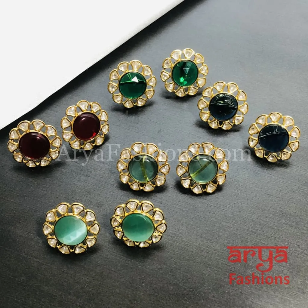 Golden Round Stud Earrings with colored stones