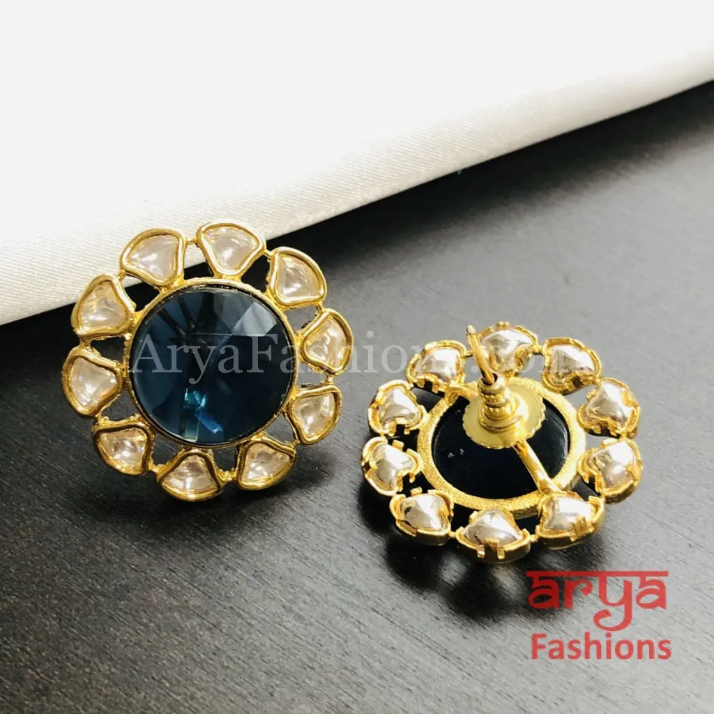 Golden Round Stud Earrings with colored stones