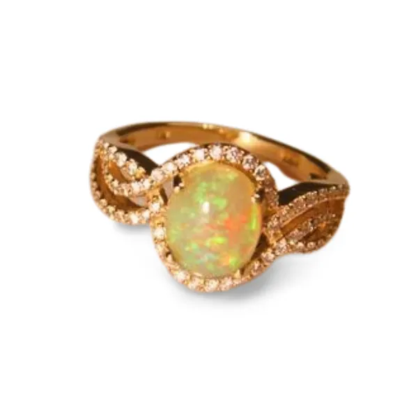 Gorgeous 14K Yellow Gold Ethiopian Opal Diamond Filigree Cocktail Ring