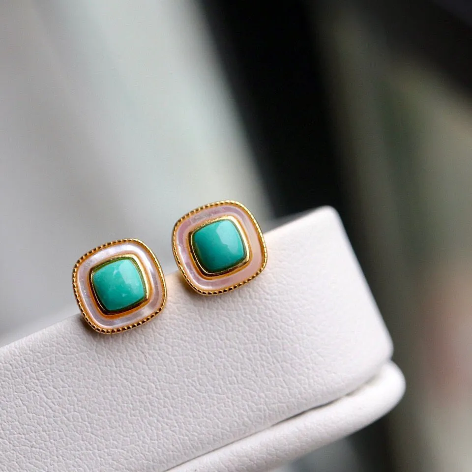 Green Turquoise and White Mother of Pearl Geometric Stud Earrings