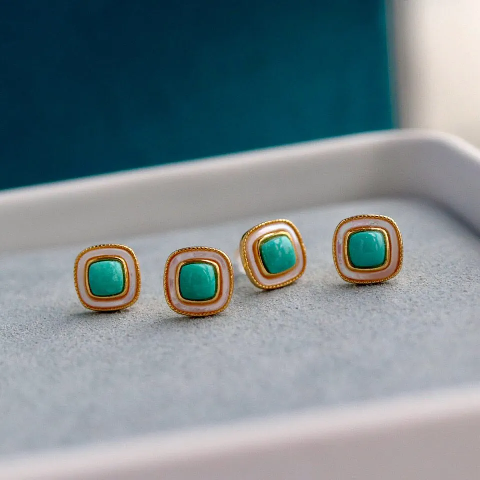 Green Turquoise and White Mother of Pearl Geometric Stud Earrings