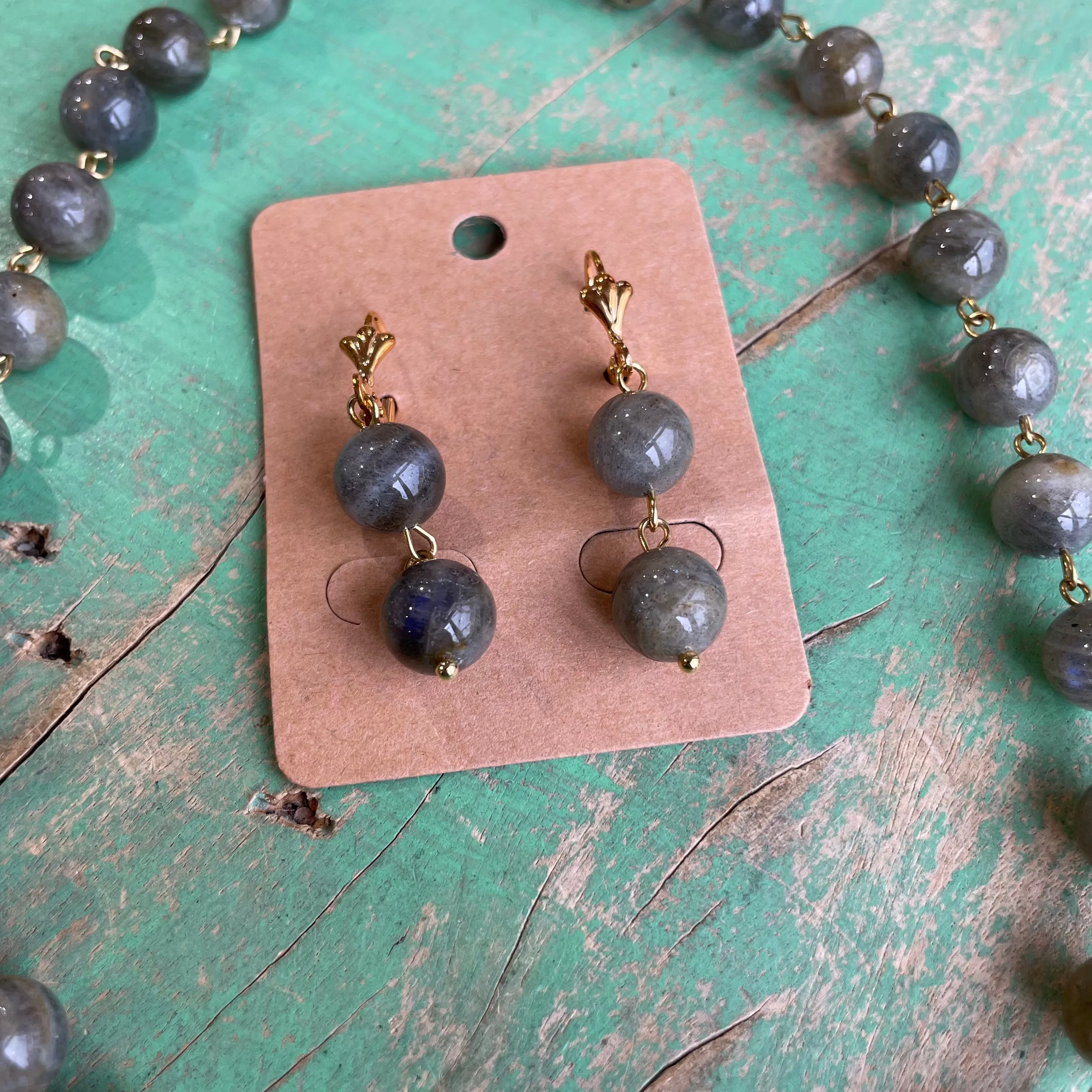 Grey and Gold Labradorite Sacred Heart Necklace and Earrings