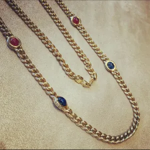 Grosse Long gold chain with emerald sapphire ruby glass