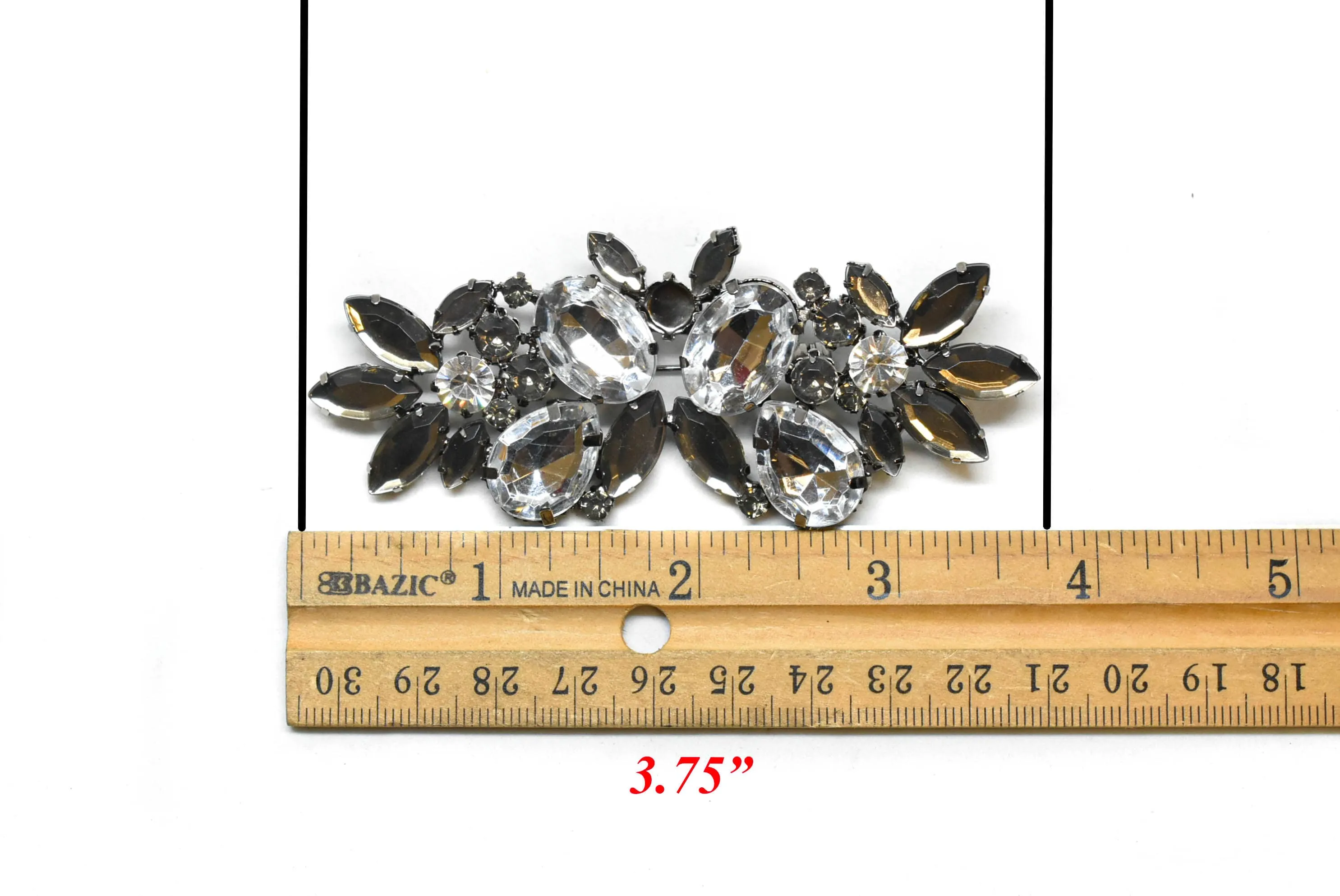 Gunmetal Rhinestone Flower Brooch 3.75" x 1.50" - 1 Piece