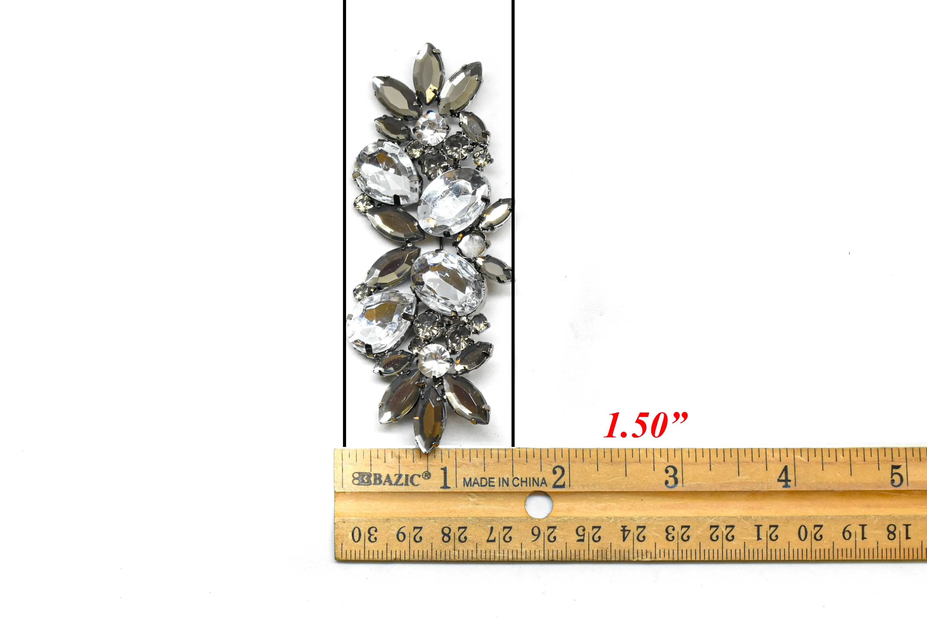 Gunmetal Rhinestone Flower Brooch 3.75" x 1.50" - 1 Piece