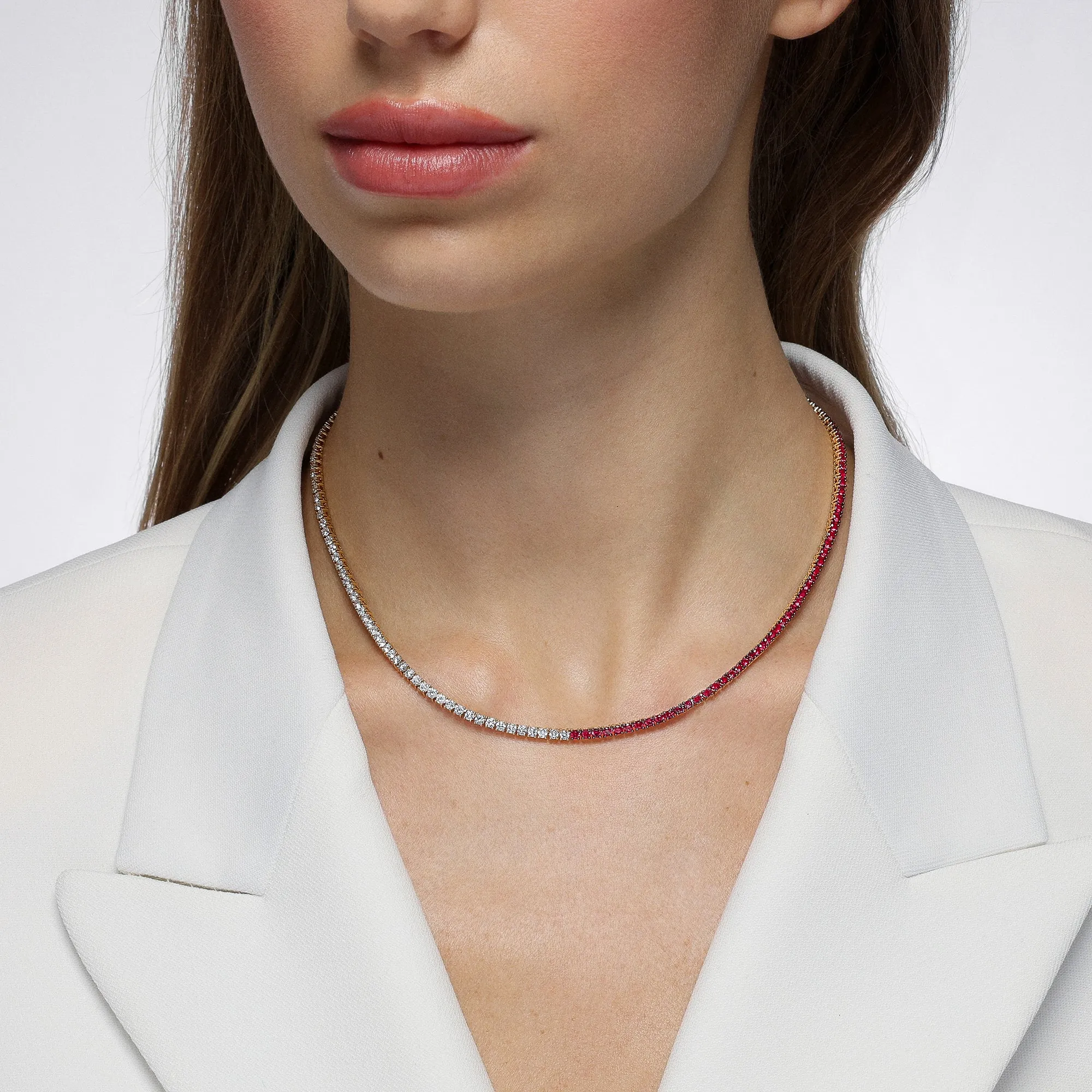 Half and Half Ruby and Diamond Tennis Necklace