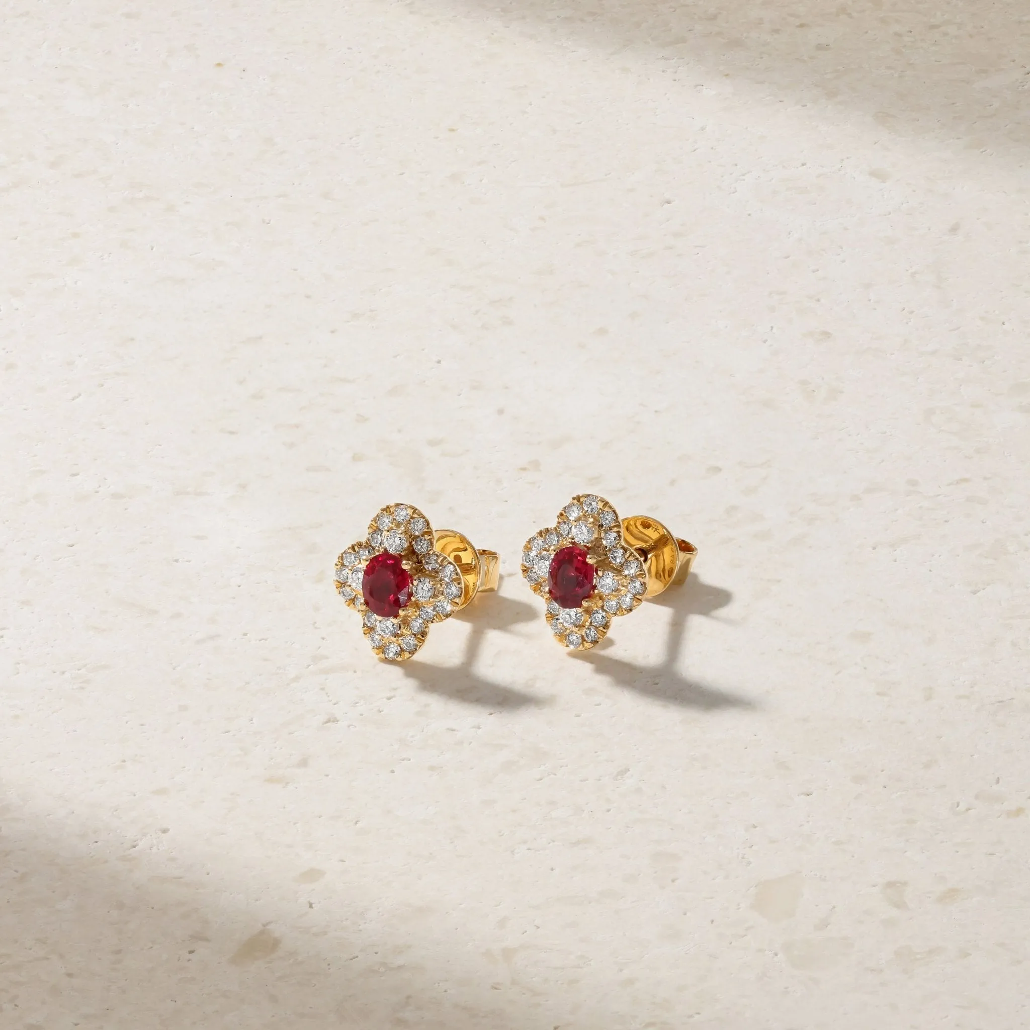 Half Moon Clover Ruby and Diamond Stud Earrings