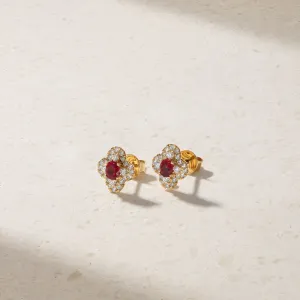 Half Moon Clover Ruby and Diamond Stud Earrings