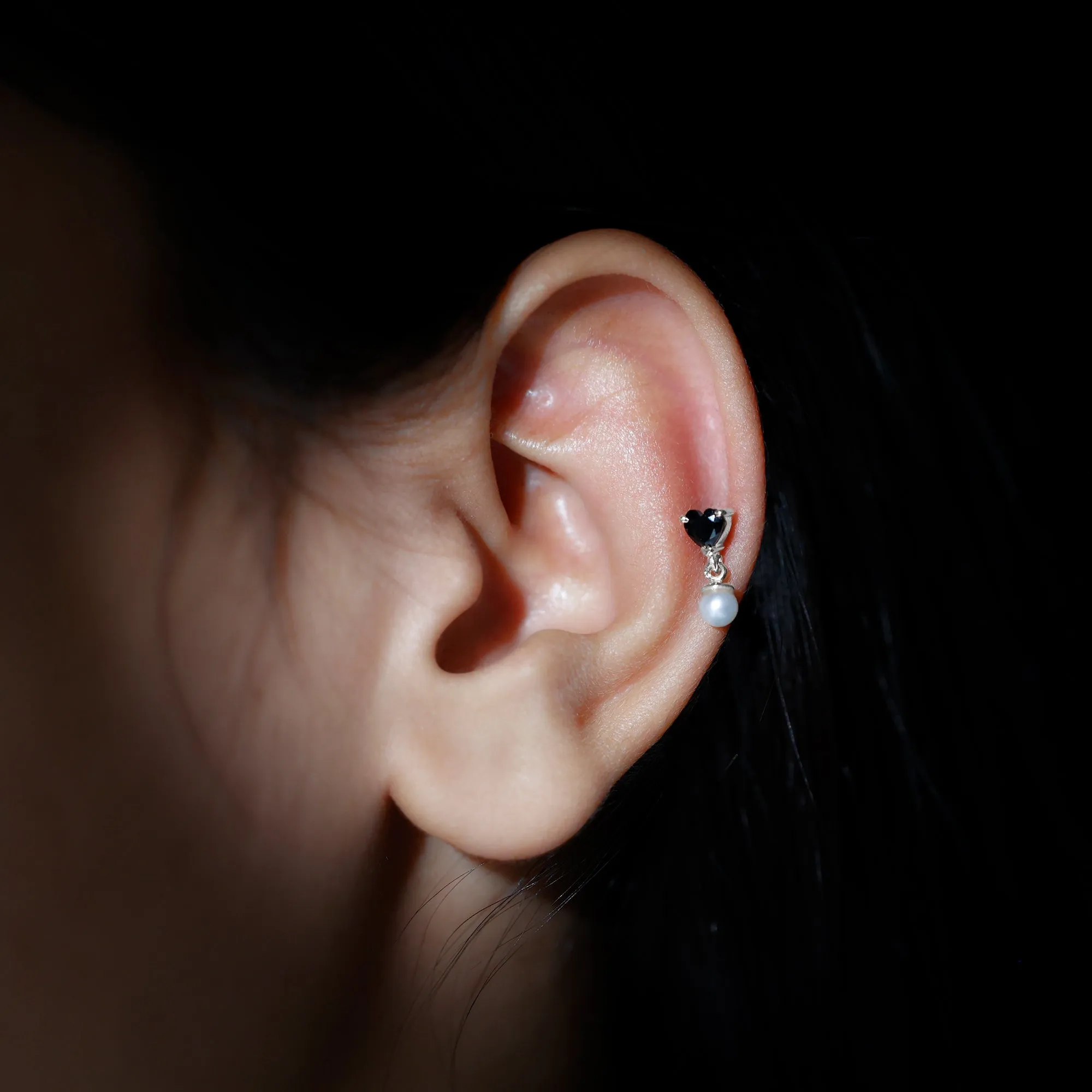 Heart Shape Black Onyx and Freshwater Pearl Helix Drop Earring