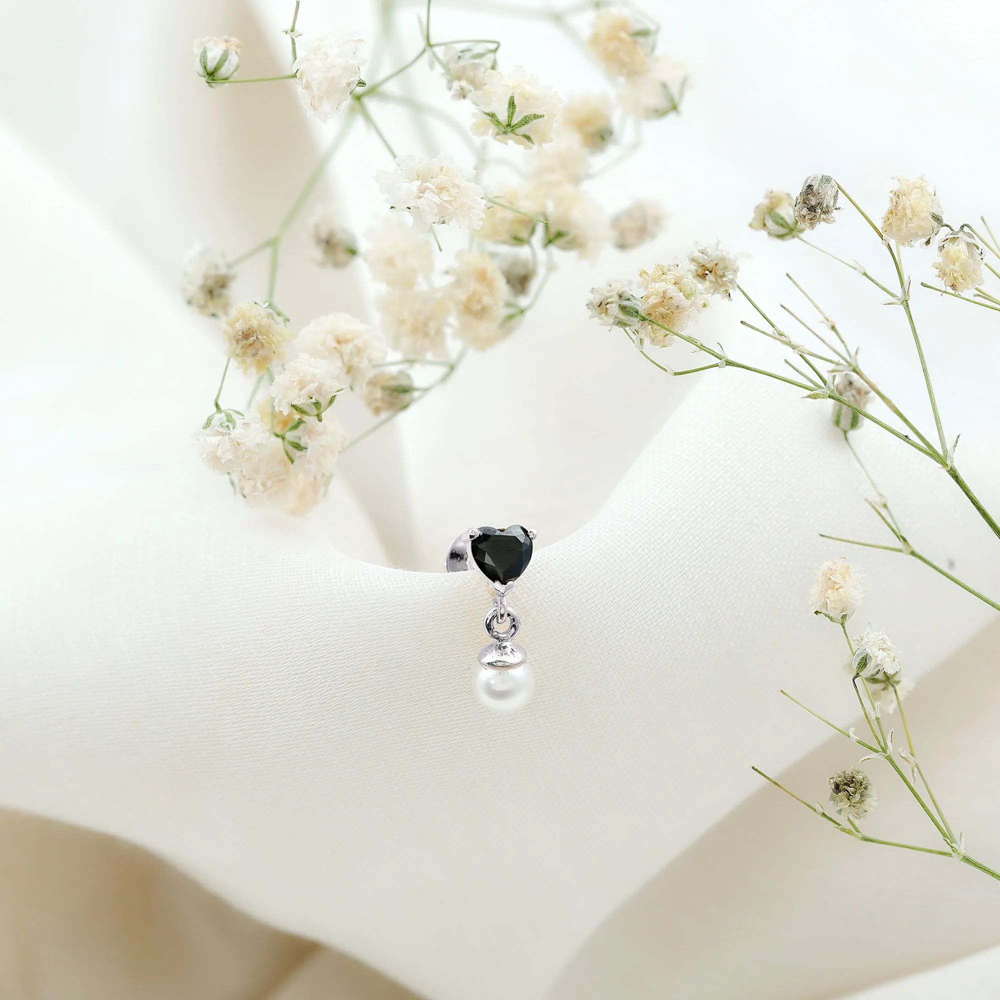 Heart Shape Black Onyx and Freshwater Pearl Helix Drop Earring