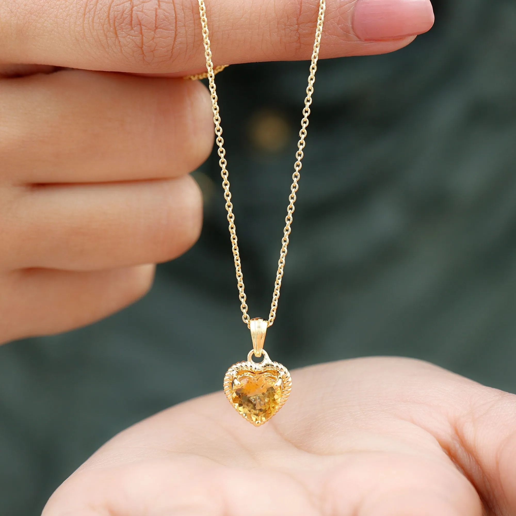 Heart Shape Citrine Solitaire Pendant with Rope Frame