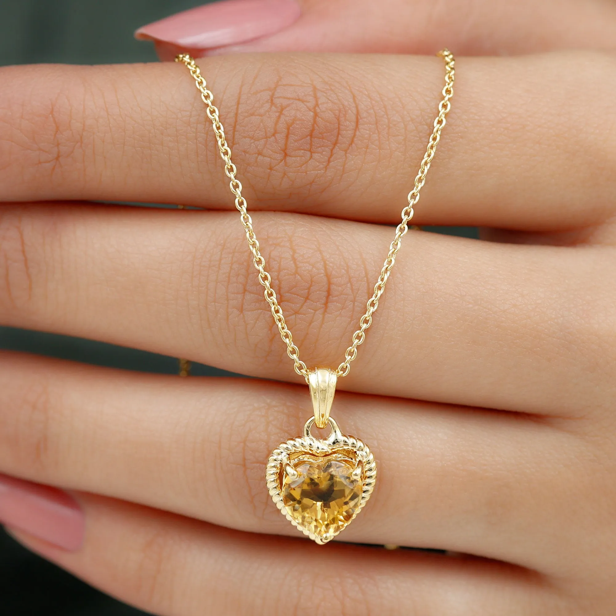 Heart Shape Citrine Solitaire Pendant with Rope Frame