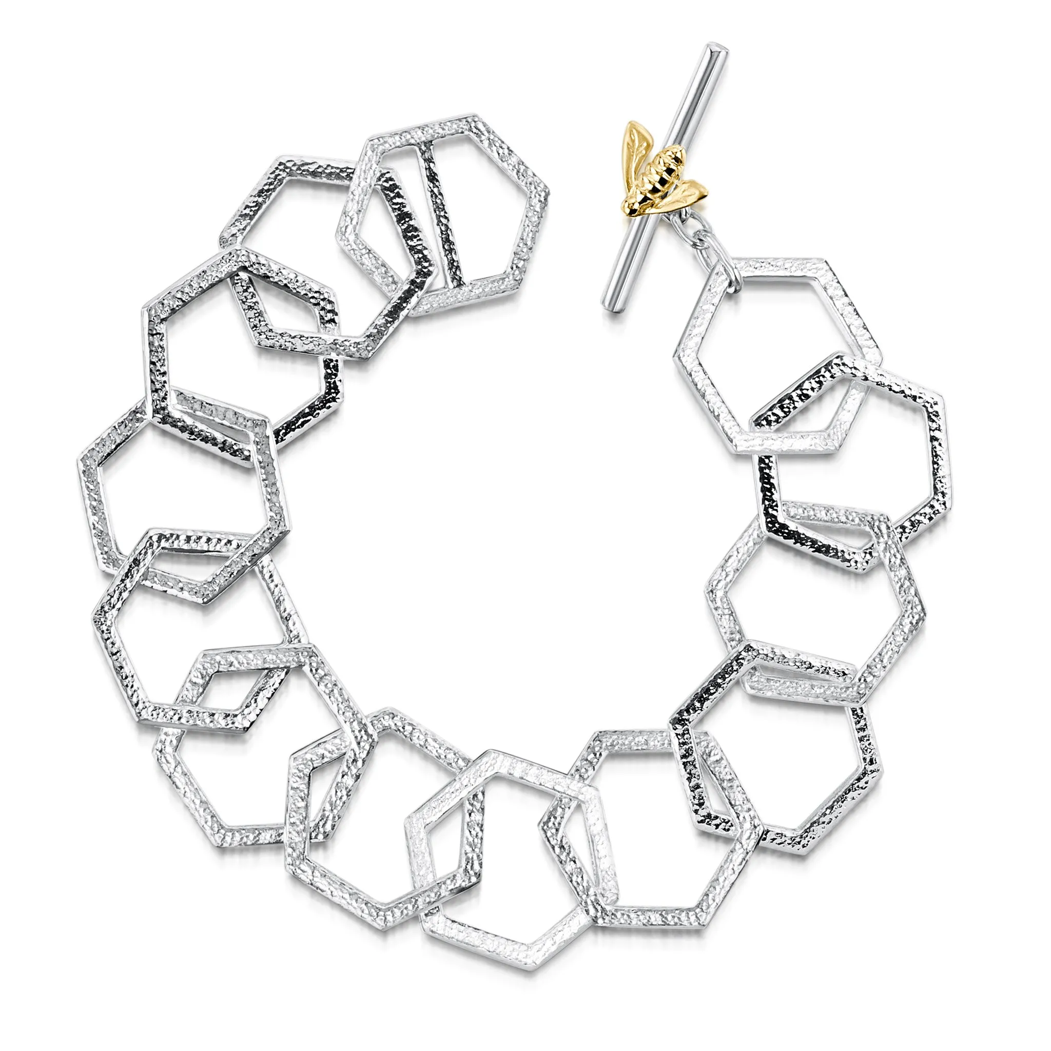 Honeycomb 13-link Silver Bracelet with 9ct Yellow Gold Honeybee