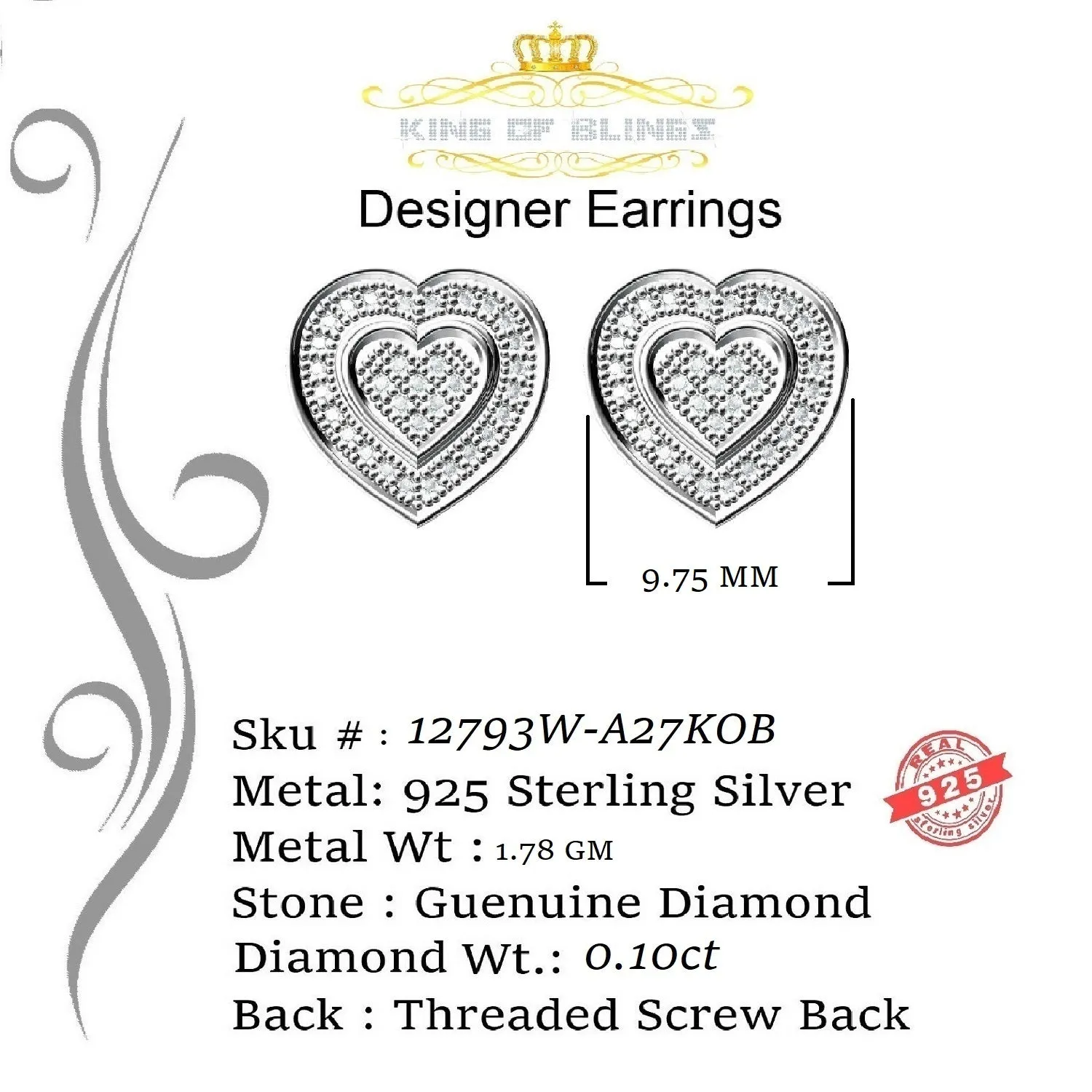 King Of Bling's 0.10ct Diamond Heart Earring White 925 Sterling Silver Stud For Men's & Women's