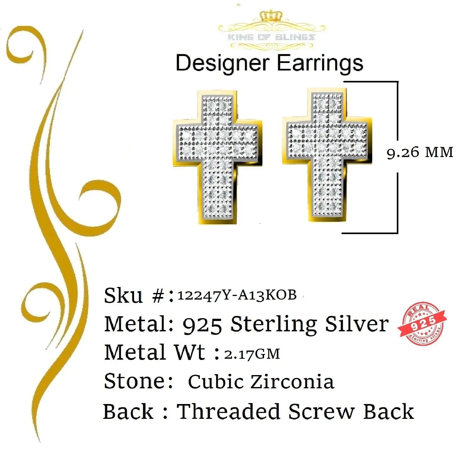 King of Bling's 0.48ct Cubic Zirconia 925 Yellow Sterling Silver Hip Hop Cross Women's Earrings