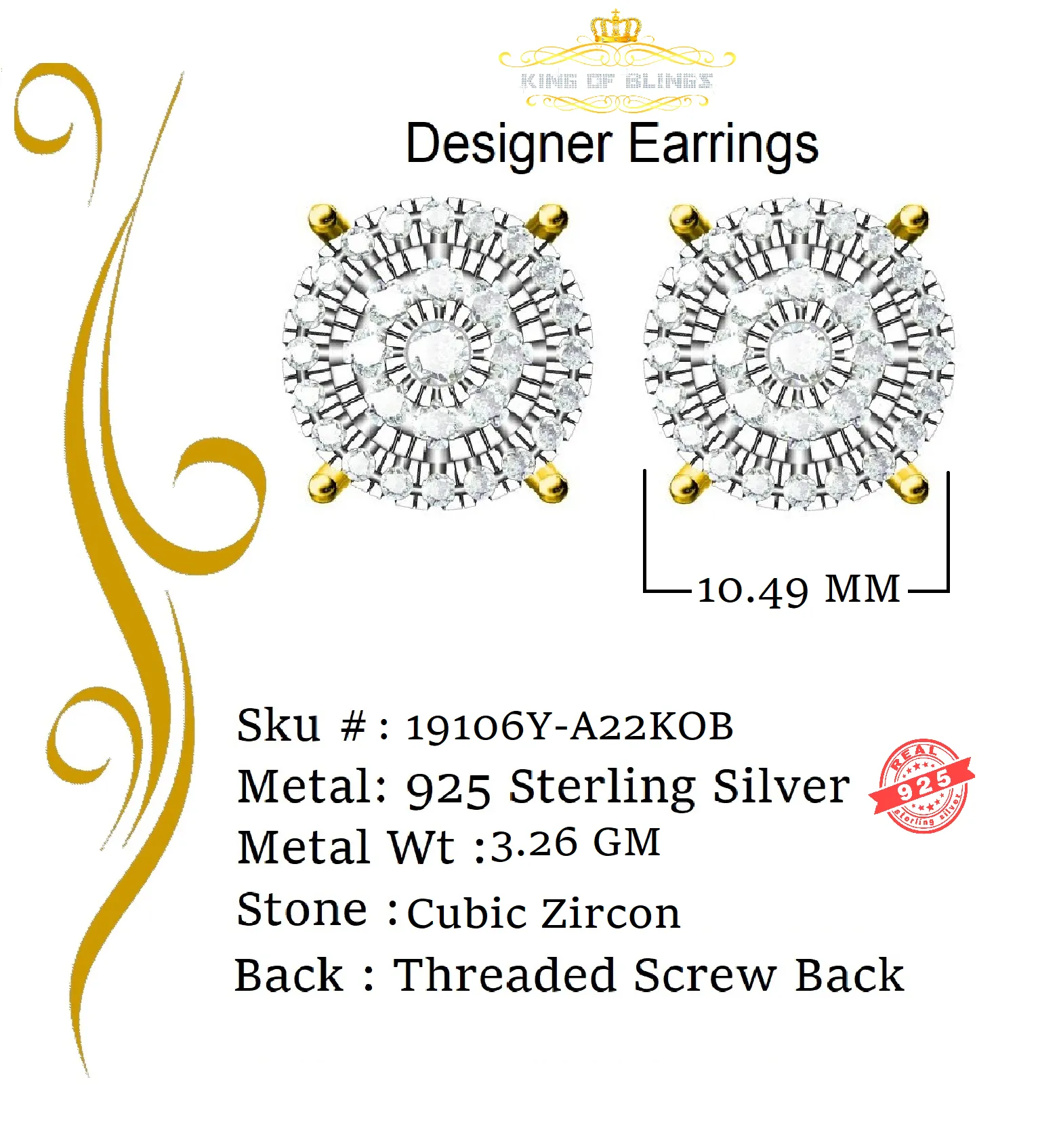 King of Bling's 1.96ct Cubic Zirconia Aretes Para Hombre 925 Yellow Silver Women's Round Earring