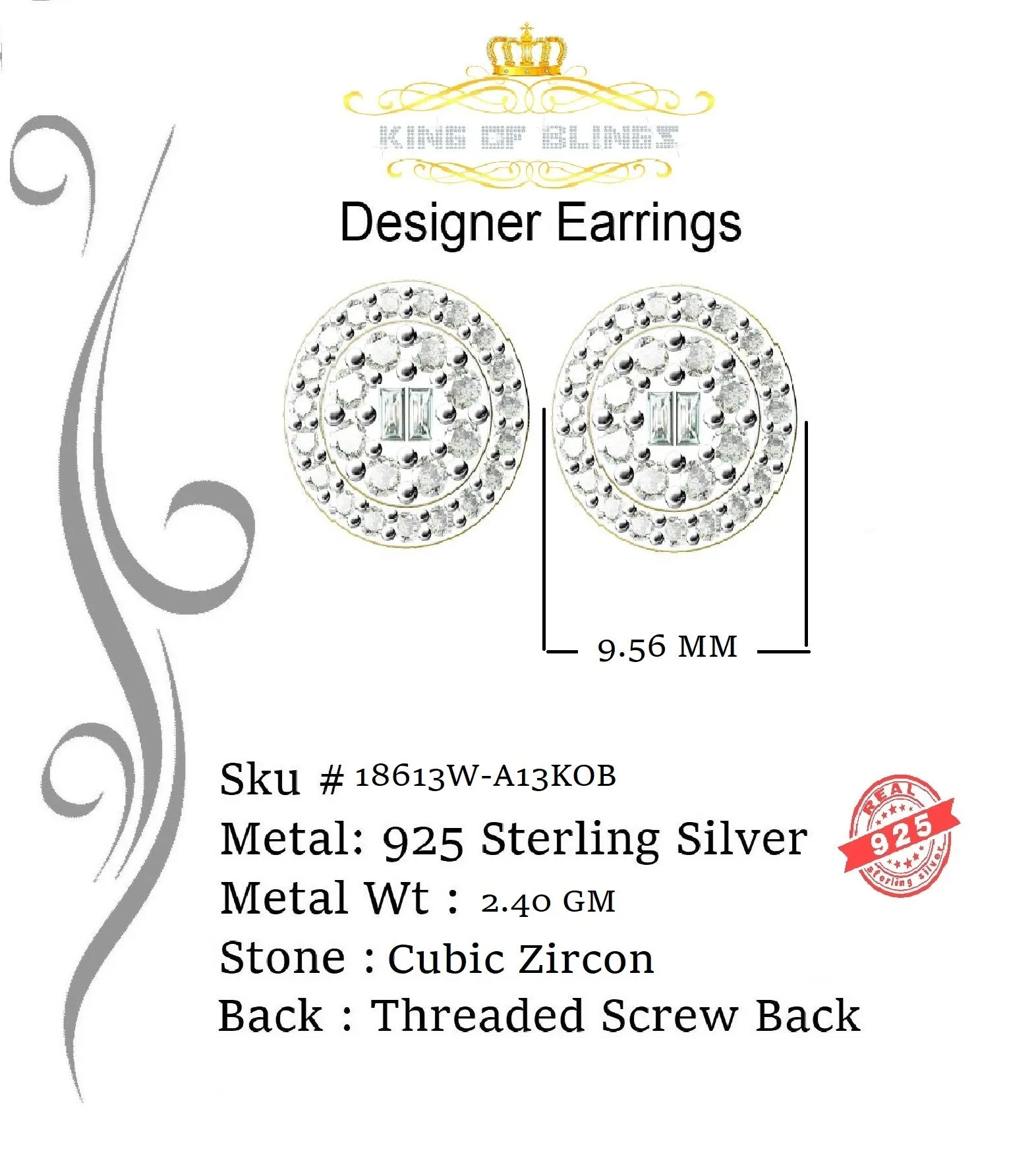 King of Blings- Aretes Para Hombre 925 White Silver 1.86ct Cubic Zirconia Round Women's Earrings